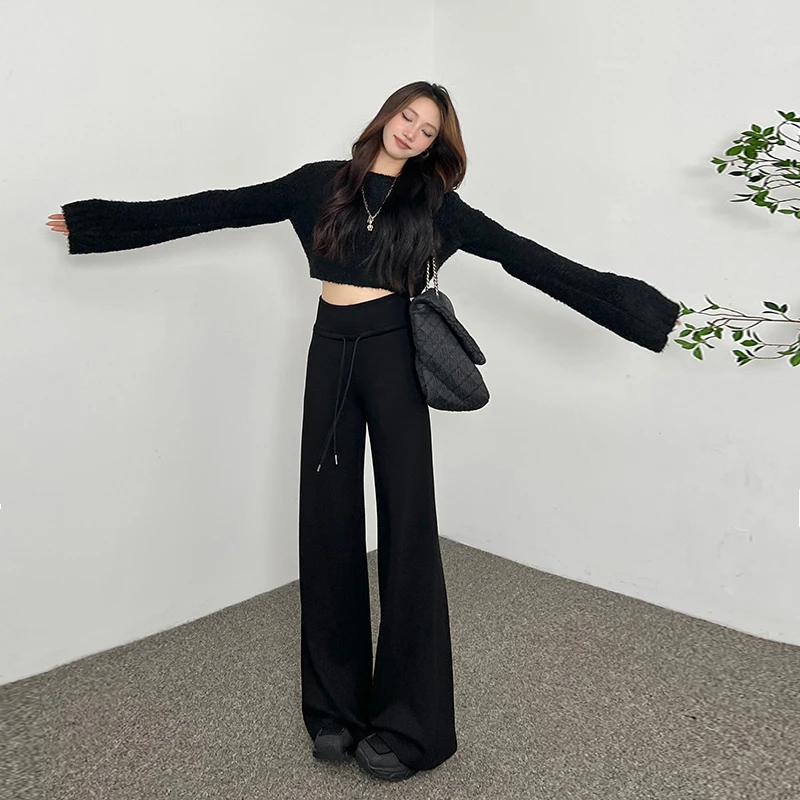 抽绳休闲裤女2025秋季新款宽边松紧高腰直筒阔腿裤显瘦拖地长裤子