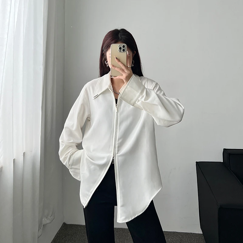 秋季法式休闲设计感小众微收腰正肩衬衣立领高端白色长袖衬衫女潮