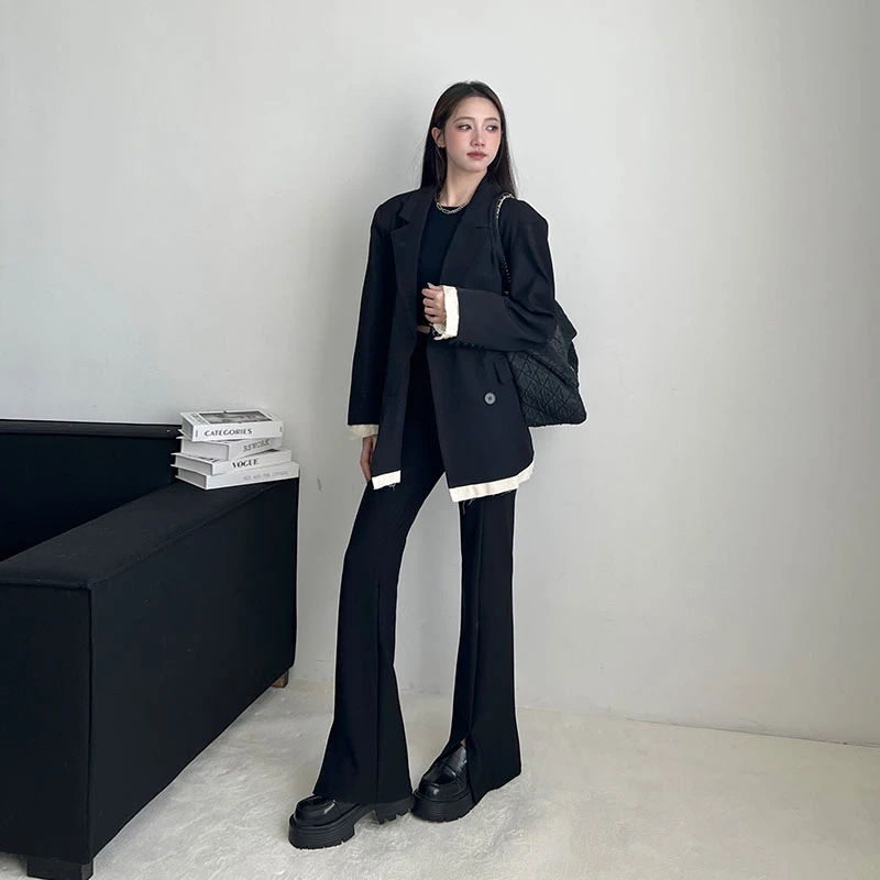 休闲西装开叉直筒微喇叭裤女2025秋冬季高腰垂感宽松显瘦拖地长裤