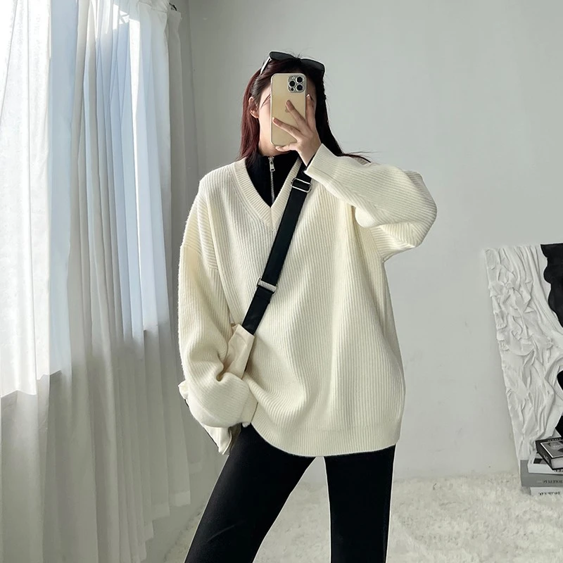 时髦慵懒感软糯V领长袖针织衫毛衣女冬显瘦套头廓形毛针织衫韩版