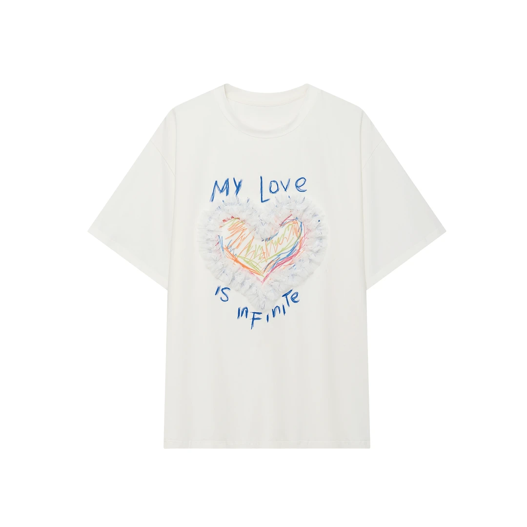 NIAW AN【现货】爱丽丝梦境花边爱心涂鸦印花宽松休闲圆领T恤上衣