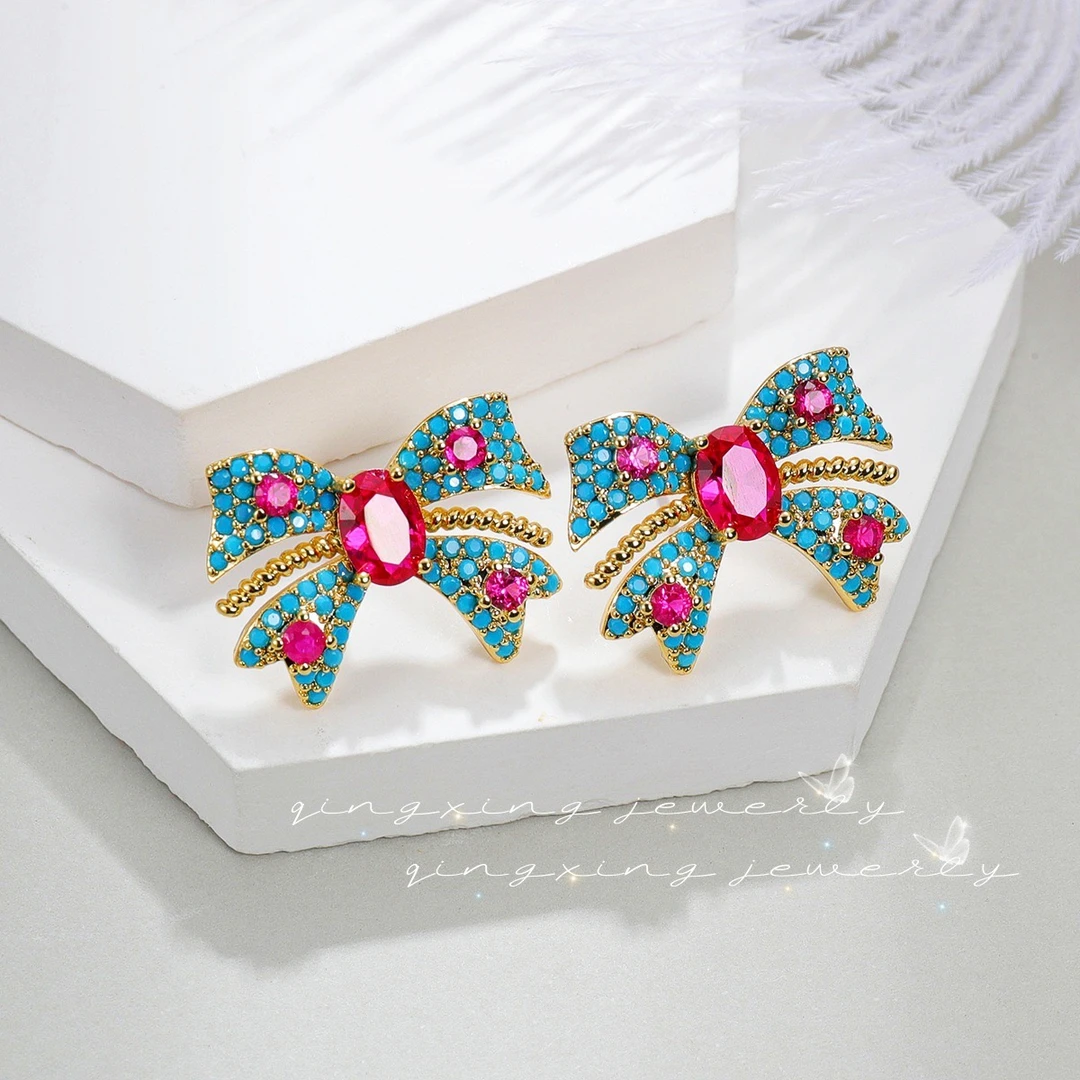 铜合金合成锆石耳饰 QX-9135 耳钉国风蝴蝶结