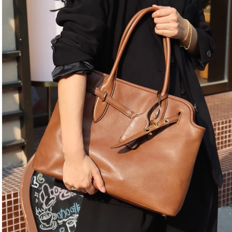 复古植鞣羊皮手提公文包女2024新款高级感大容量真皮单肩托特包