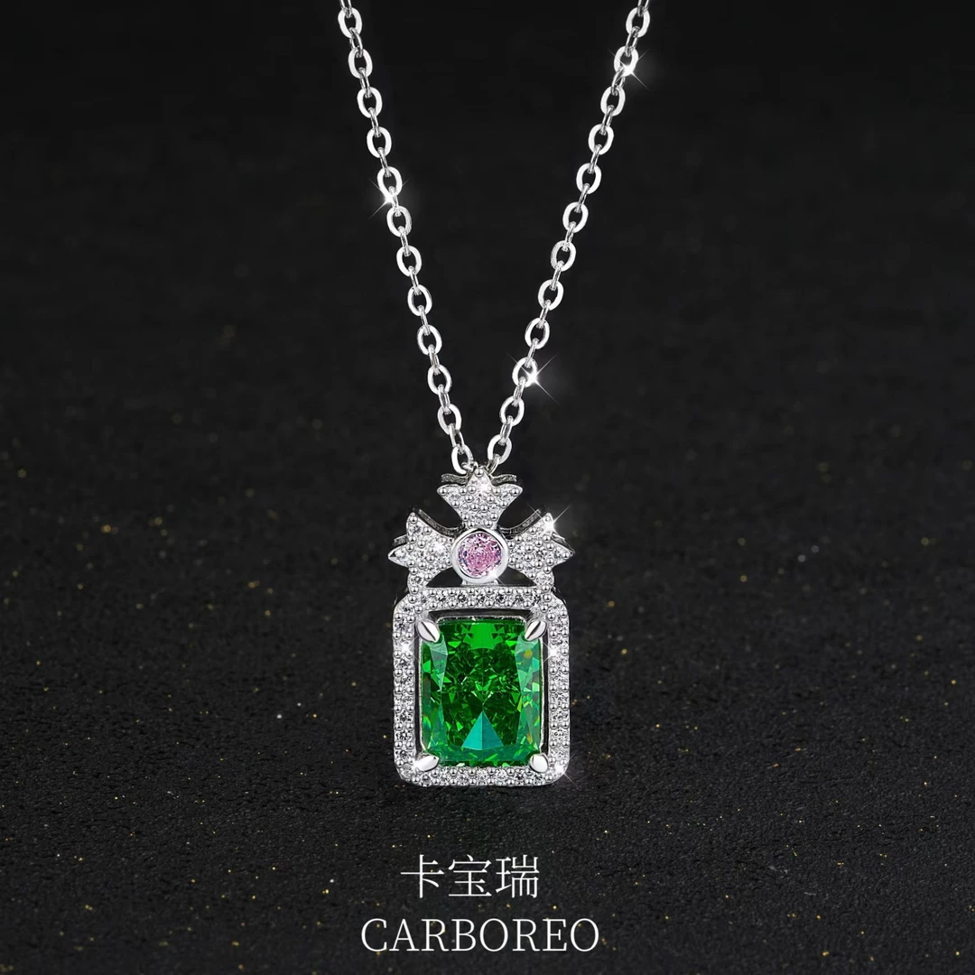 CARBOREO/卡宝瑞 坠链均足银合成锆石 高定版冰花切方形轻奢项链