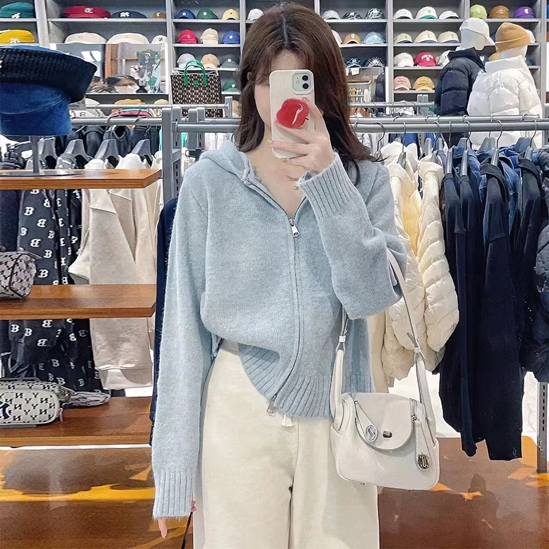 奶fufu慵懒蓝色双拉链连帽针织开衫女秋冬设计感小众短款毛衣外套