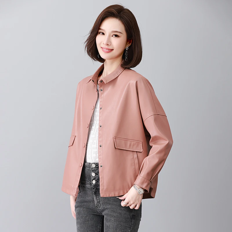 【娟娟】秋季海宁正品女短棉款宽松显瘦皮衣大码韩版皮夹克衬衫