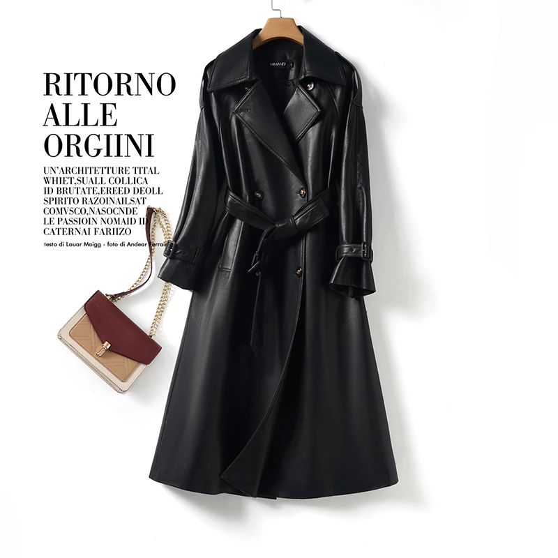 【LGJ】海宁真皮皮衣女中长款春装新款高端时尚皮风衣系带修身外套