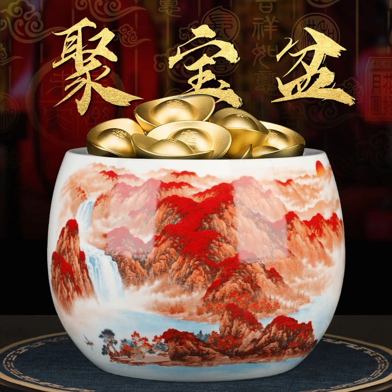 景德镇陶瓷器摆件鸿运当头聚宝盆中式家居办公桌客厅工艺品装饰品