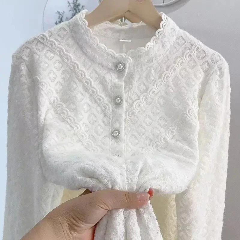 木耳花边领立领蕾丝衫加绒衬衫新款宽松显瘦遮肉减龄外搭上衣衬衣