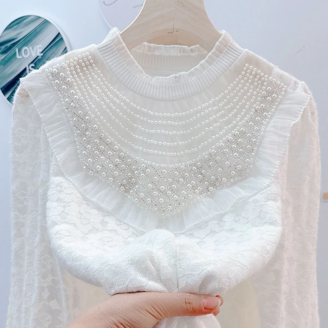 蕾丝打底衫宽松衬衫显瘦遮肉小香风小衫衬衣冬钉珠木耳边纱网加绒