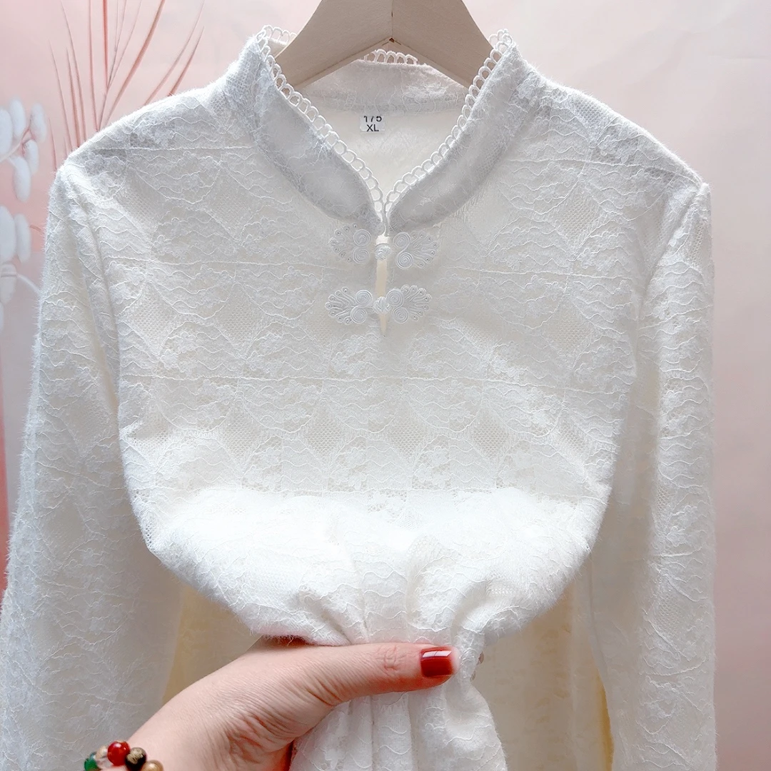 新中式钉珠盘扣宽松衬衫蕾丝打底衫遮肉加绒加厚外穿小衫衬衣秋冬
