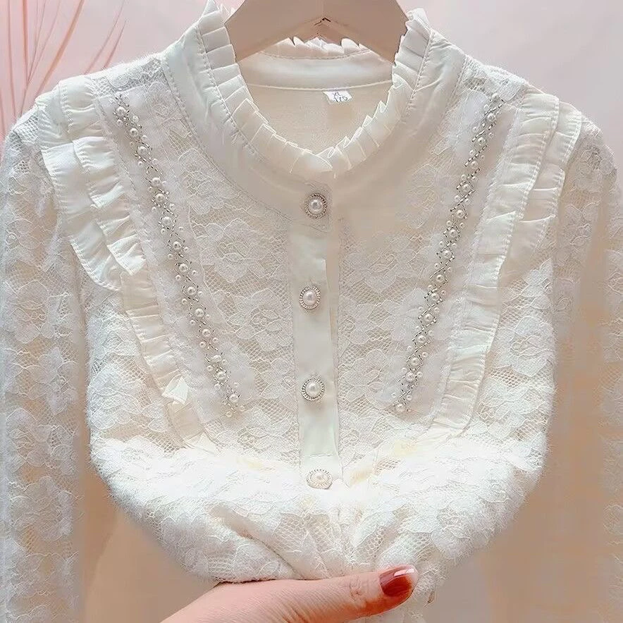 依26#秋冬加绒立领加厚保暖衬衫蕾丝宽松新款打底显瘦遮肉上衣女