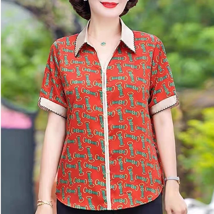 2023新款妈妈夏装短袖衬衫洋气中年女装翻领衬衣时尚短袖T恤上衣