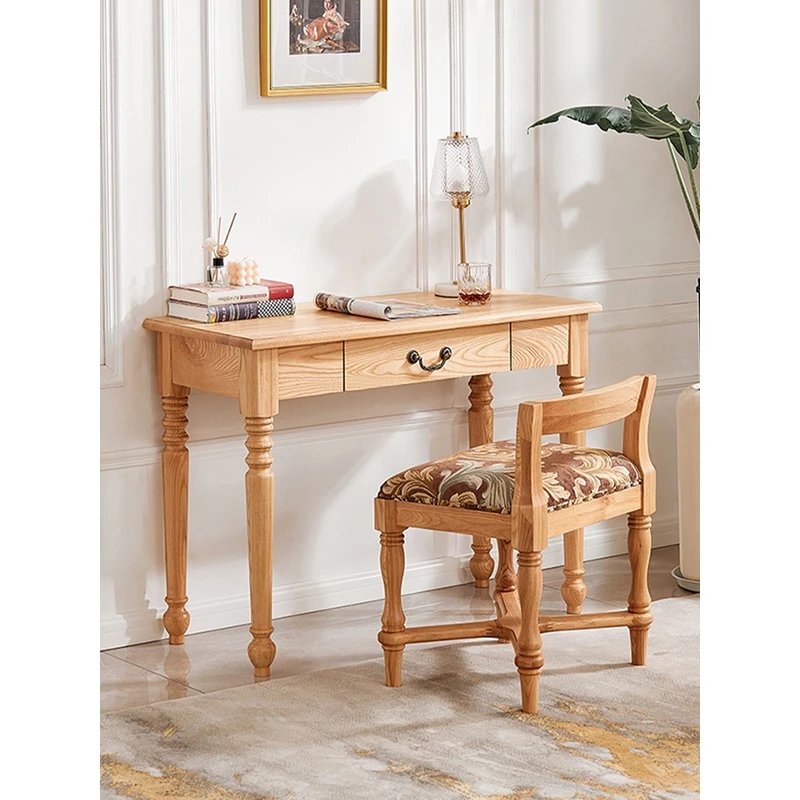 高端美式小书桌椅全实木儿童书架白蜡木原木电脑学习写字桌木蜡油
