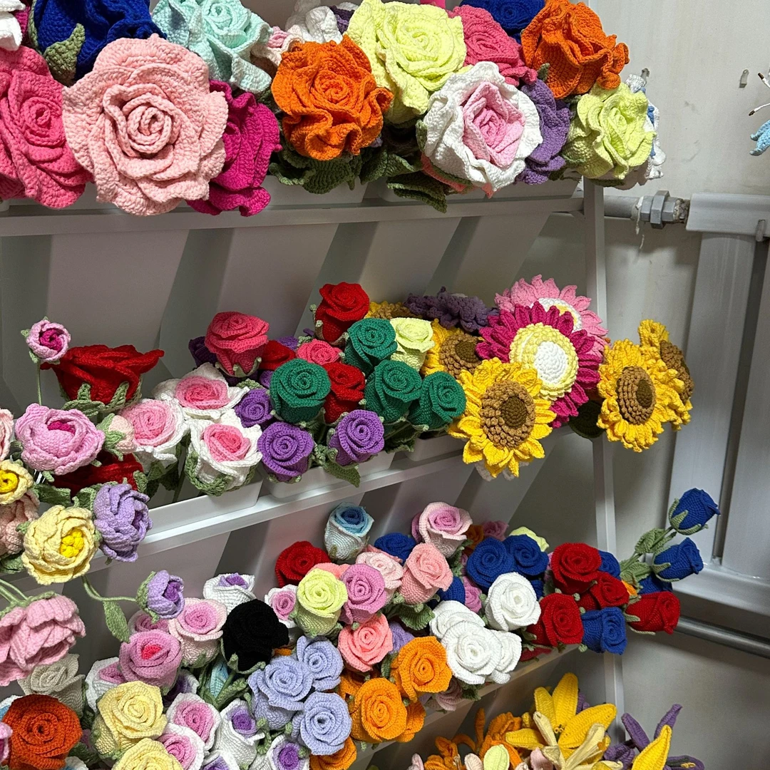 纯手工毛线花永生花钩织玫瑰向日葵摆件居家礼物连麦选花者慎拍