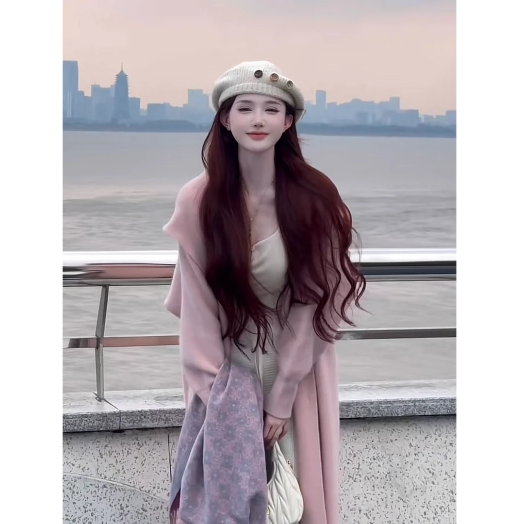 3009休闲学院秋冬时尚毛衣显瘦休闲宽松连帽加厚扣子中长款外套女