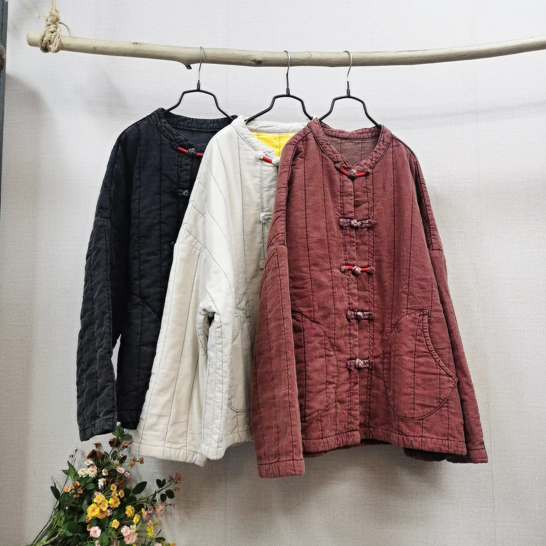 儒品素衣22268亚麻盘扣绗缝短棉服