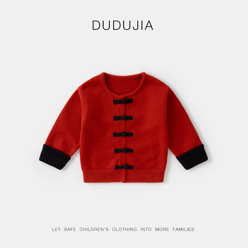 【现货】嘟嘟家儿童宝宝秋冬红色国风盘口针织毛衣开衫F4DBN203