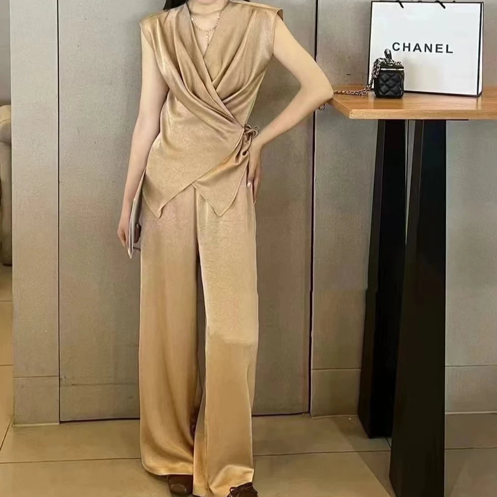 香槟金V领缎面高级感经典无袖v领阔腿裤两件套装8189