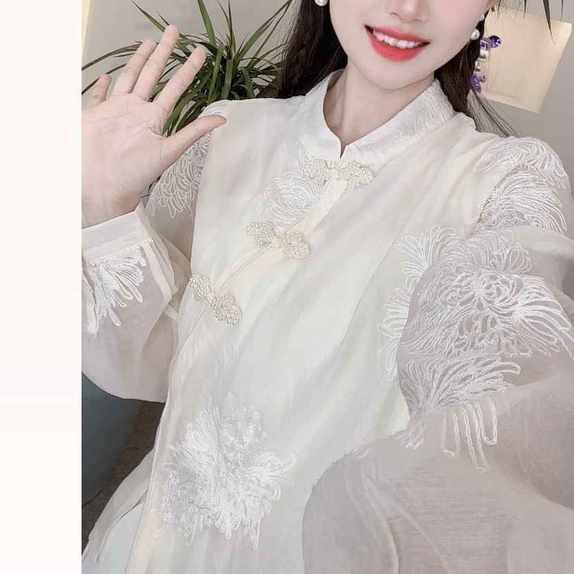 【洛岛花园】中式国风乔其纱刺绣长袖盘扣衫衣打底上衣1618款