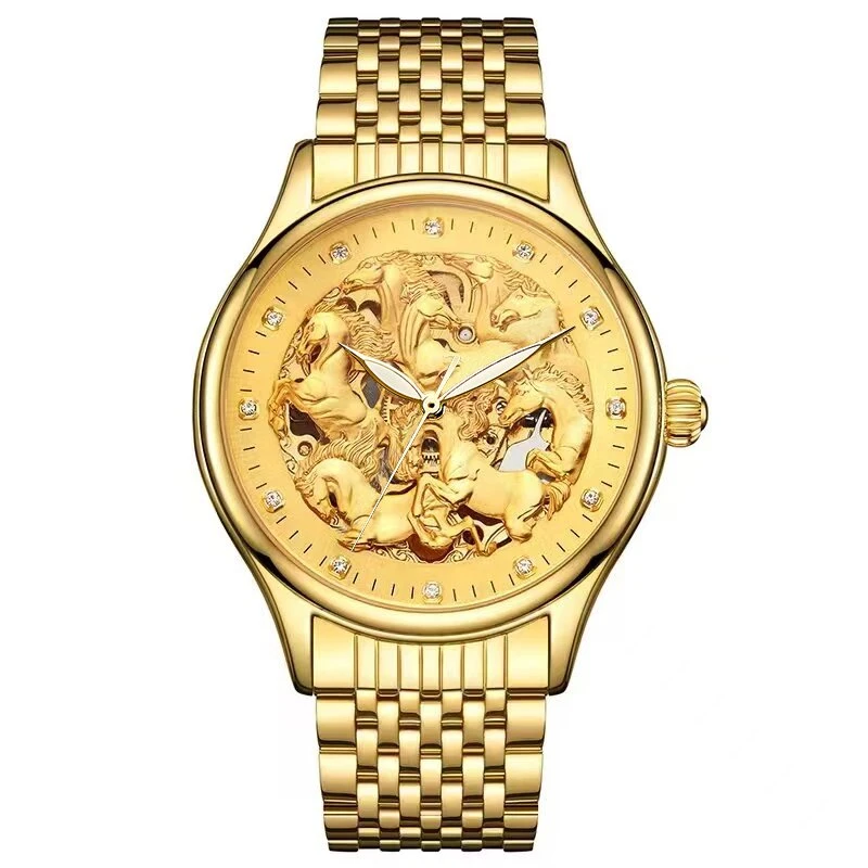 【大少补贴】八骏马真金真钻奢华镂空夜光时尚机械腕表-ss