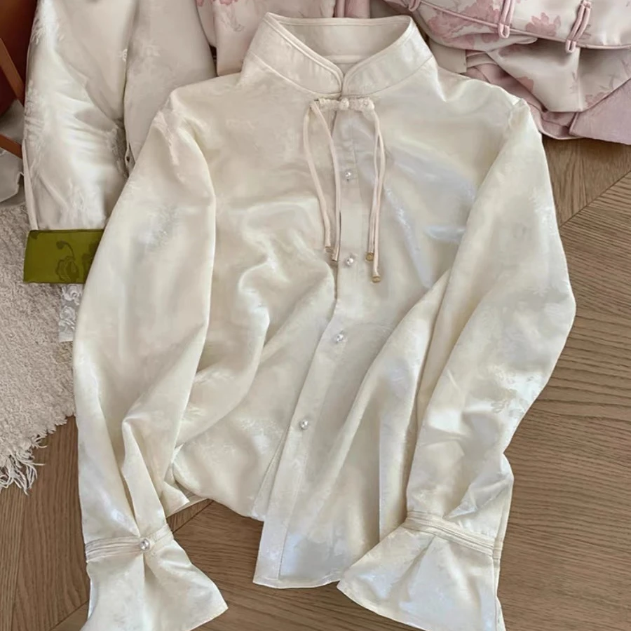 重工立领盘扣提花国风新中式衬衫女春季小众设计感上衣