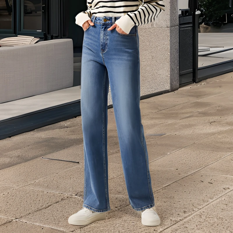 GRYANA开春洋气针织四面弹高腰蓝色牛仔裤休闲百搭时尚直筒牛仔