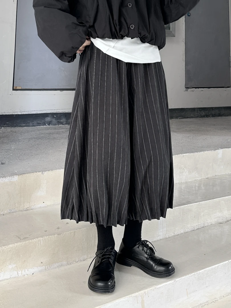 【黑白工作室】加绒花苞裤女休闲裤百褶裤条纹加厚保暖