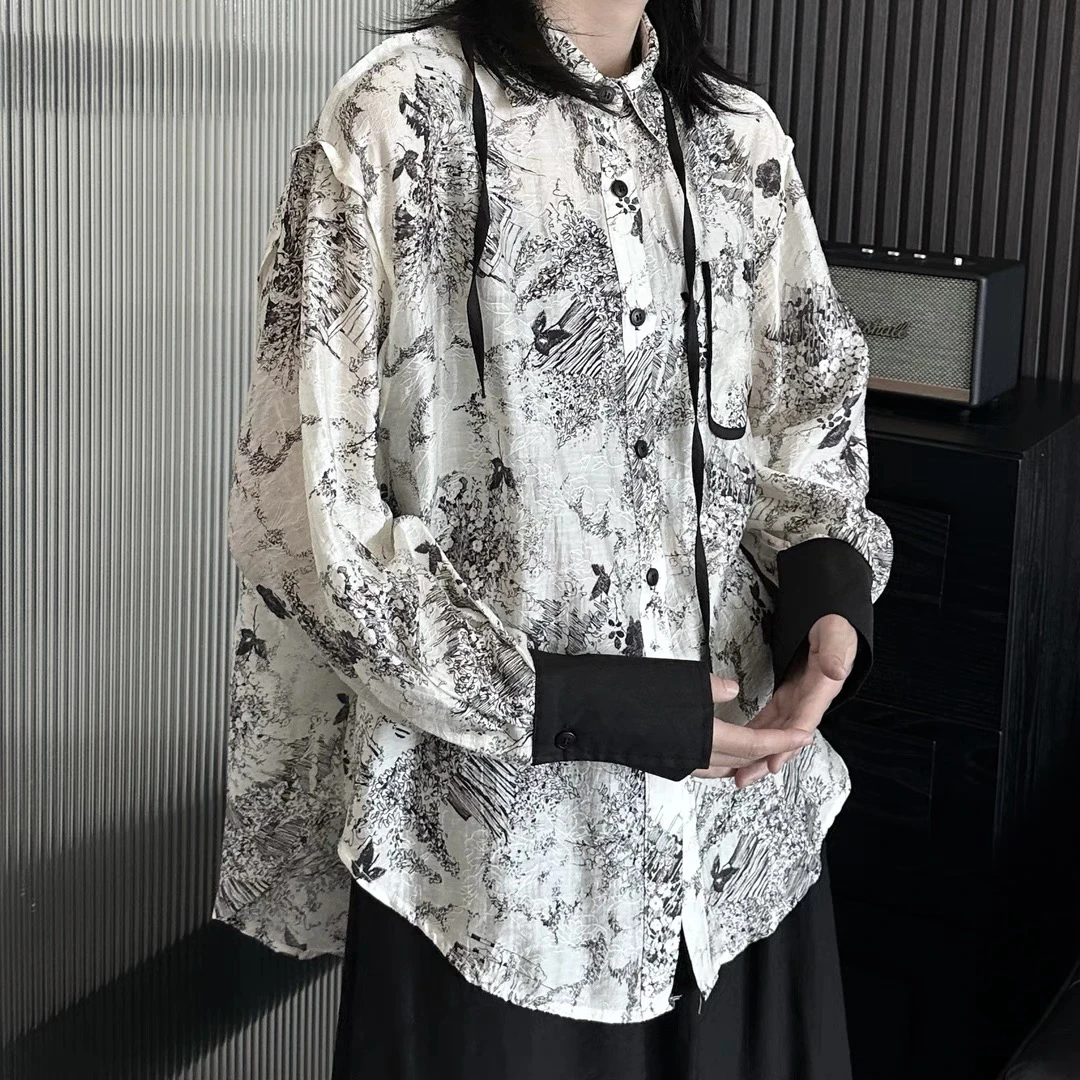 【黑白工作室】水墨画渐变印花长袖衬衫女宽松高级感上衣减薄款衬衣