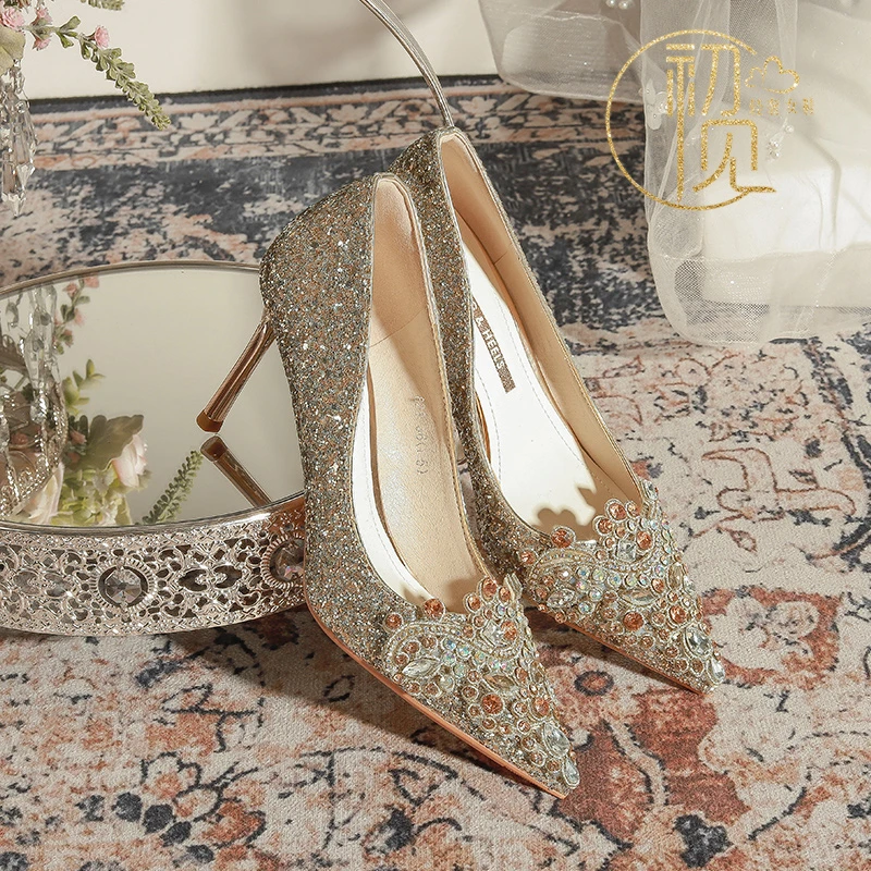 【浮翠流丹】金色高跟鞋女2025年新款大小码公主名媛礼服新娘婚鞋
