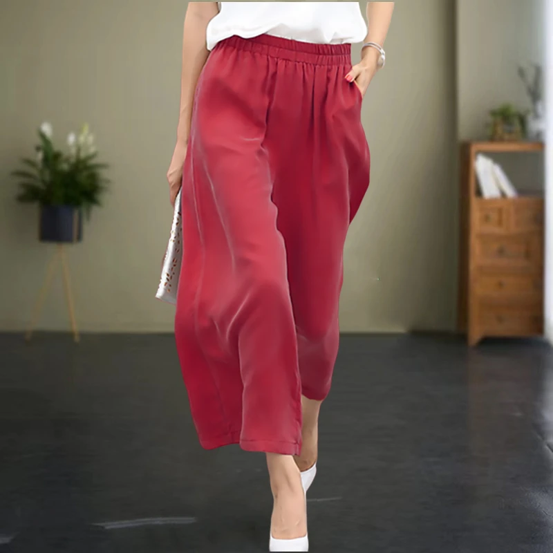 重磅真铜氨丝女裤子九分宽松蚕高腰垂感休闲大码阔腿裤女夏季