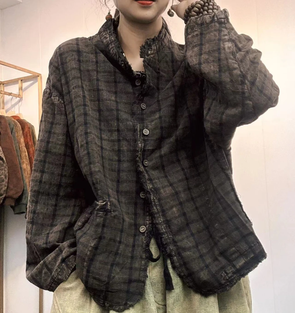 炒色时尚格子毛边领衬衣