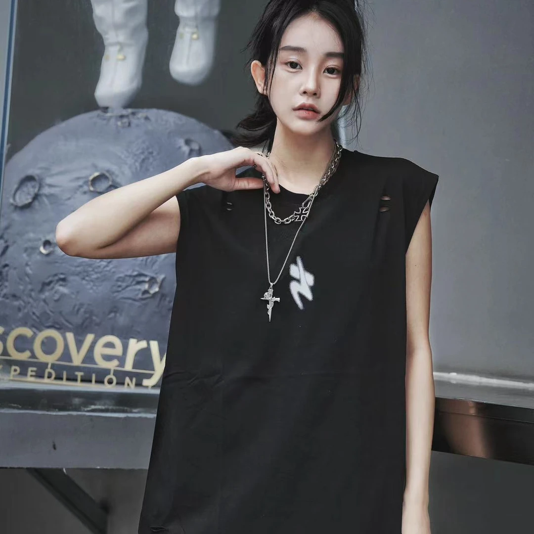 NY国潮牌破洞新款星星字母印花纯棉无袖背心男ins小众设计感上衣