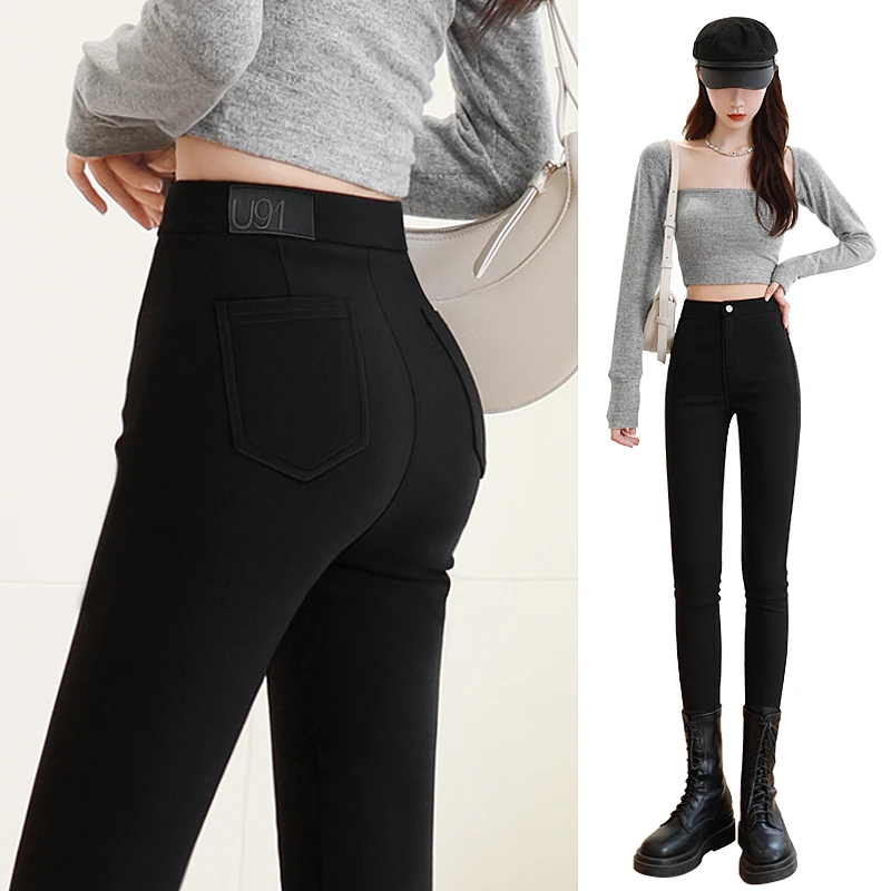 u 91高腰打底裤女秋冬外穿显瘦百搭黑色铅笔裤弹力紧身小脚裤加绒