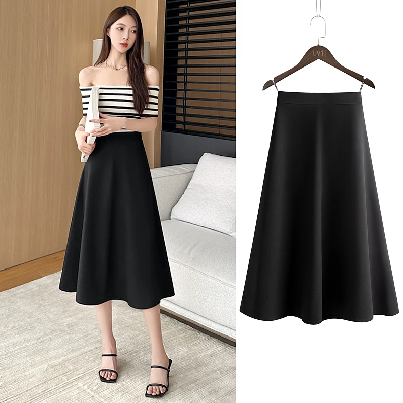 u 91西装a字半身裙女2025新款春秋冬高腰伞裙半裙垂坠感黑色长裙