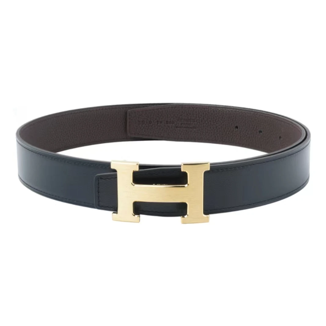 99新 Hermes/爱马仕 男士经典黑棕拉丝亮金扣腰带/J70303