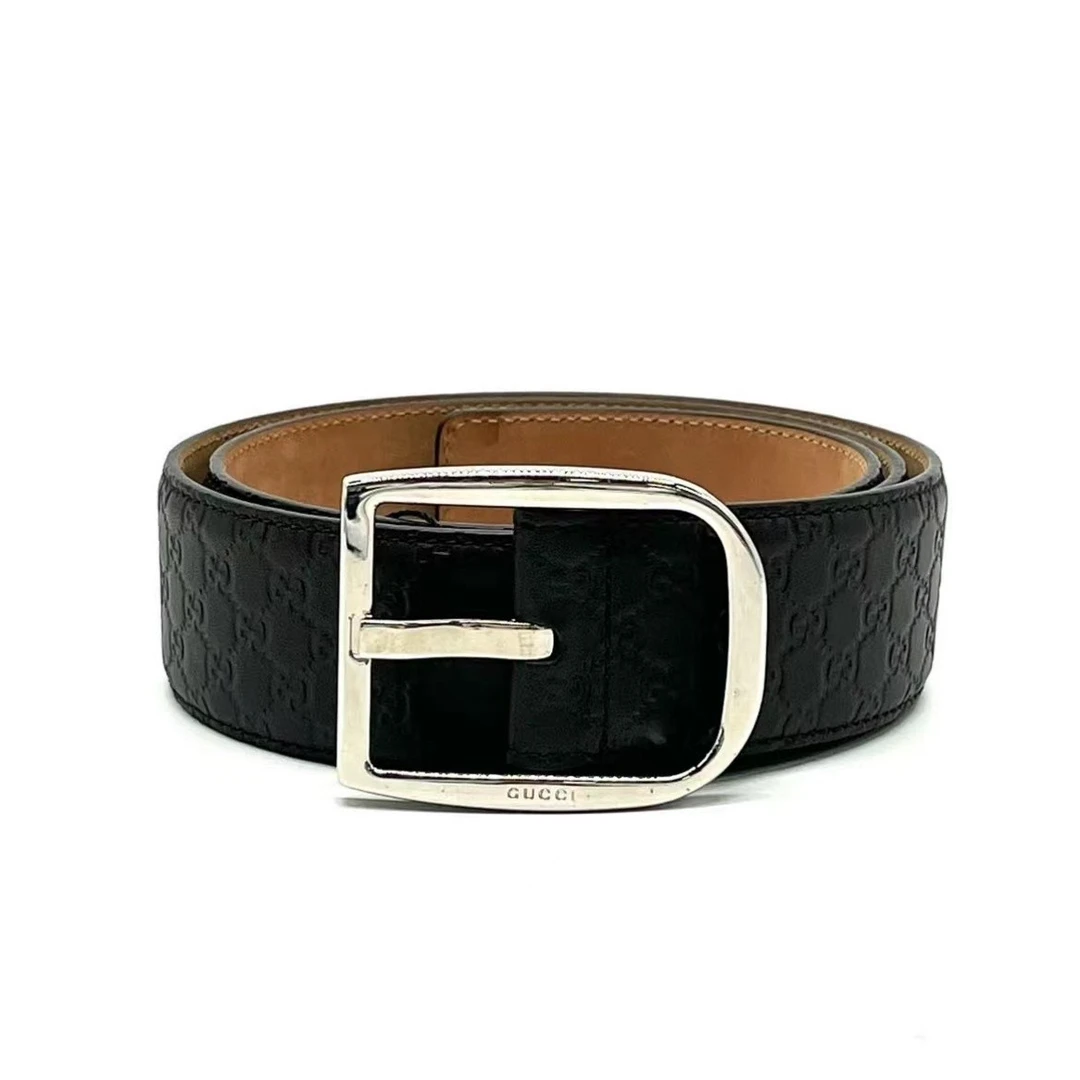 99新 GUCCI/古驰 男士时尚深棕老花压印针字扣中古腰带/J62001