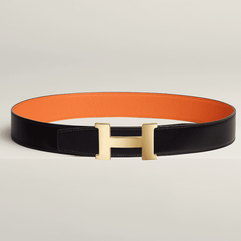99新 Hermes/爱马仕 黑橙亮金扣真皮经典腰带38mm/J70806