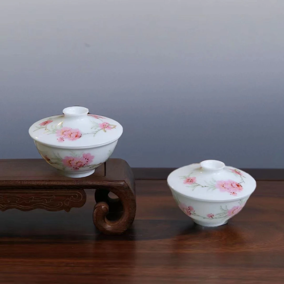【张稻】7501 经典再造-釉上水点桃花盖碗9cm（对）红色陶瓷