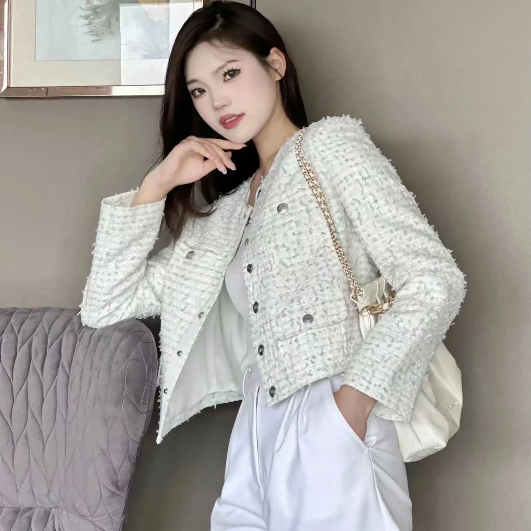 AMASS/阿玛施 圆领花呢小香风单排扣长袖外套女5400827