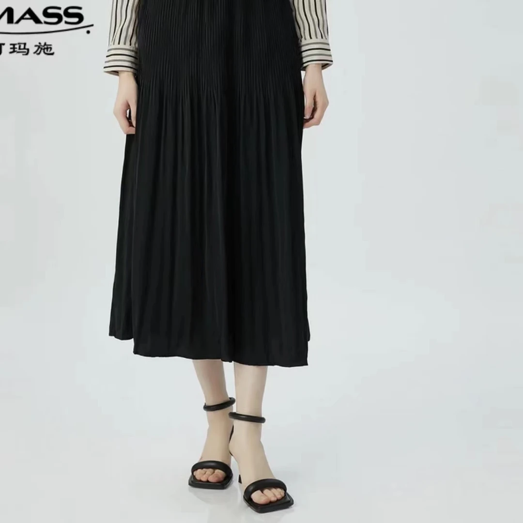 AMASS/阿玛施秋款松紧腰通勤百褶气质A字显瘦中长款半身裙5200387