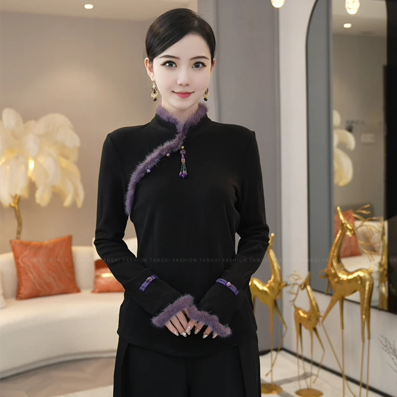 现货2025秋冬加厚【3666】腔调穿搭小众新中式国风修身黑色百搭上衣