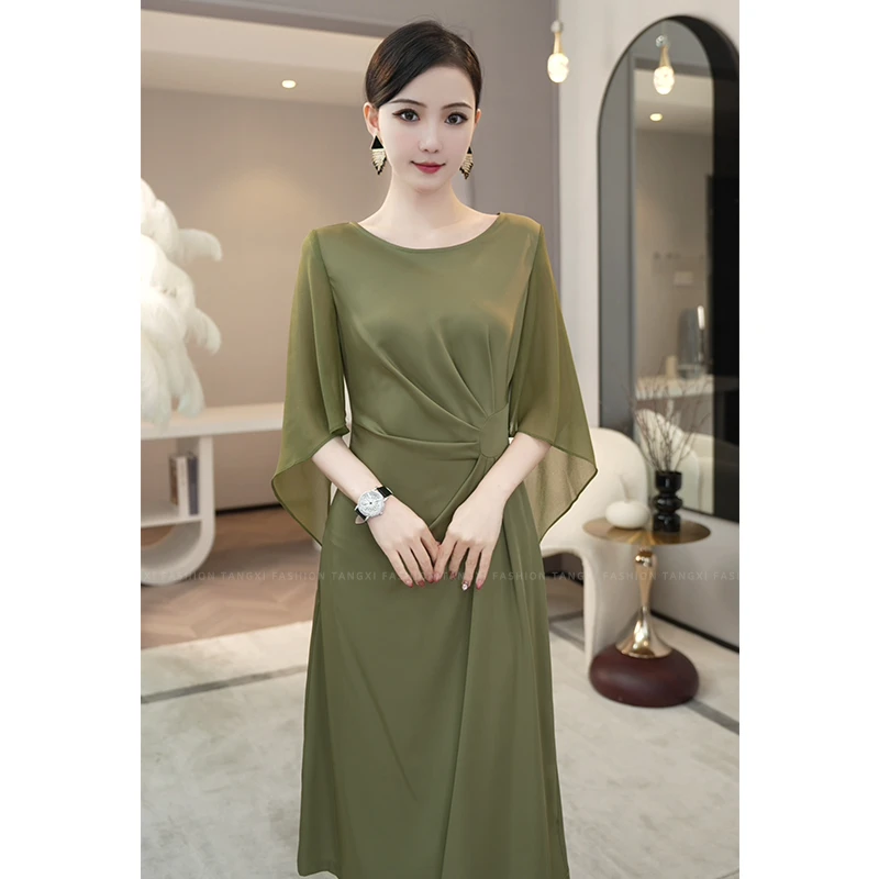 现货2024夏季新款【4777】气质小众高级简约时尚抹茶绿连衣裙LL