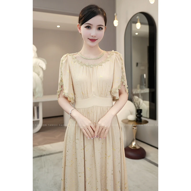 黛安周年福利新款【LT24-X387】法式轻奢气质设计感香槟色连衣裙