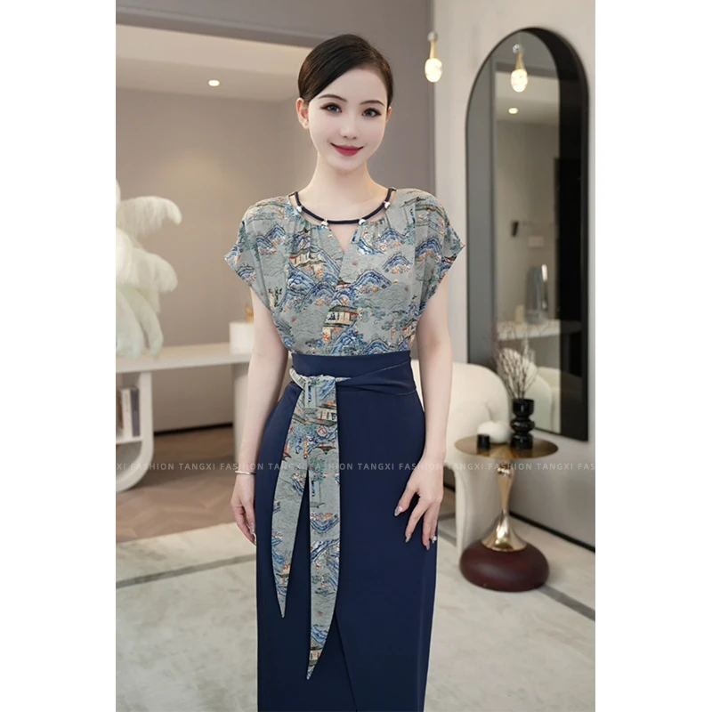 黛安周年福利夏季新款【ZM24-X531】气质高级感蓝色拼接收腰连衣裙