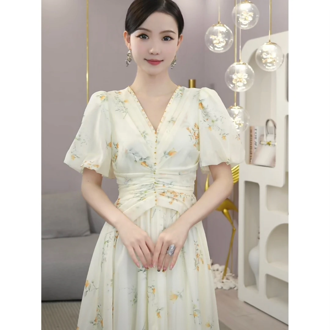 现货2025夏季新款【1998】法式浪漫小众度假风显瘦碎花杏色连衣裙子