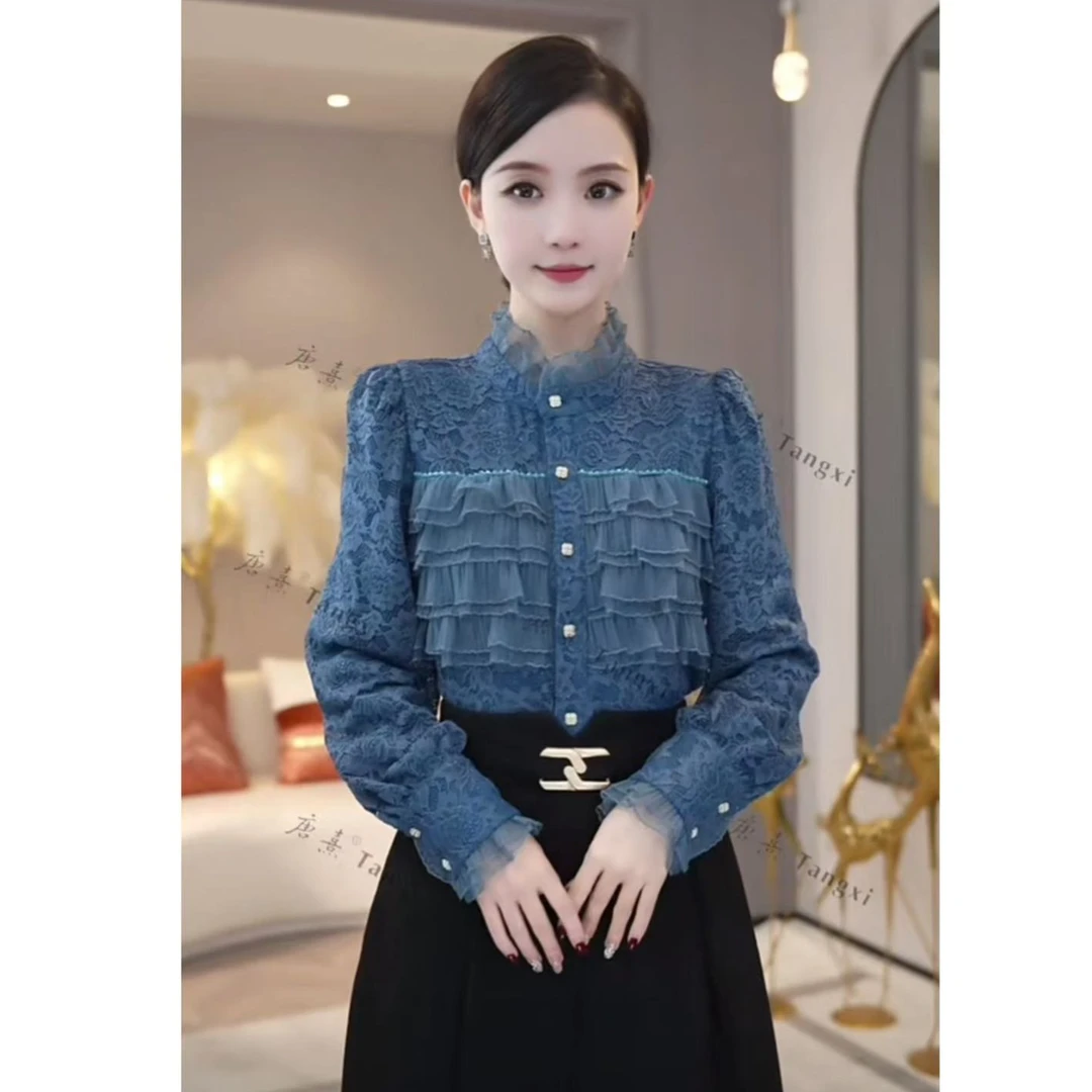 唐熹预售2024秋冬新款【Q-D831】加绒加厚蓝色蕾丝显白衬衫上衣开衫