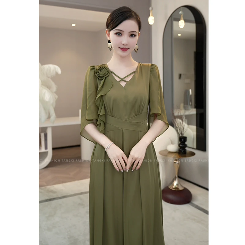 现货2025夏季新款【LT24-X357】法式气质设计感绿色短袖连衣裙子女