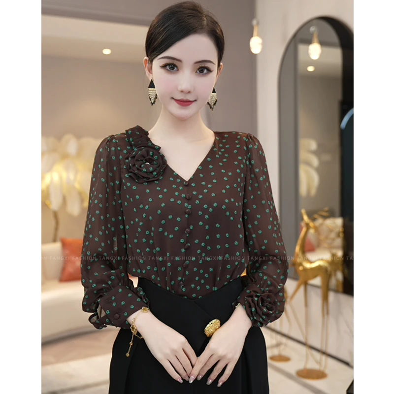 现货2025年秋季新款【DD-6240】时尚洋气波点棕咖色V领长袖衬衫上衣