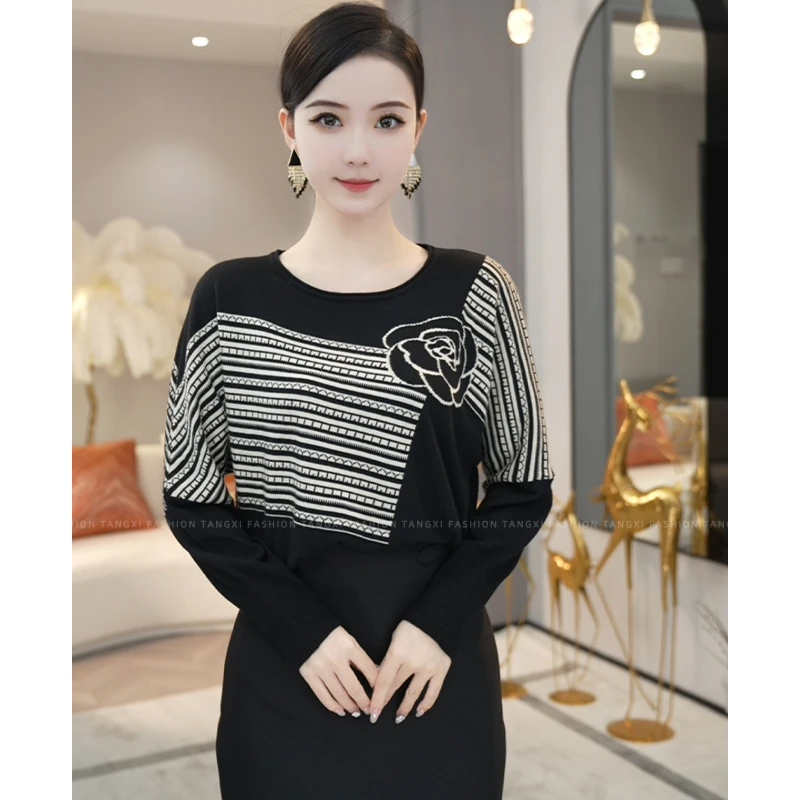 唐熹现货2025秋冬新款【TX-50】含绵羊毛黑色套头针织衫毛衣上衣女